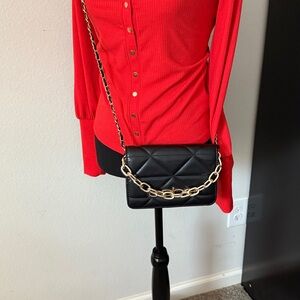 Bebe Quilted Black Crossbody with Gold Chain